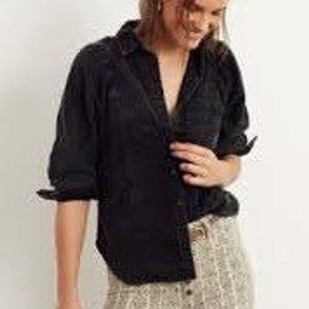 Pilcro Dylan Denim Button Down Shirt Women S Black Puff Sleeve Boho Utility Edgy